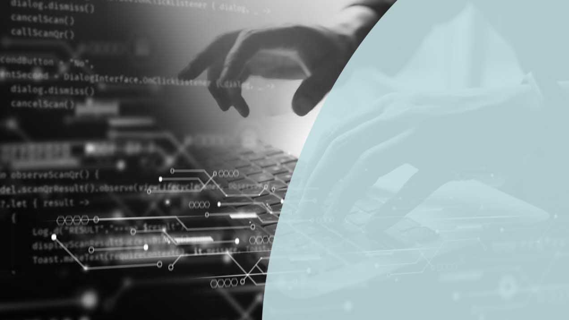 Manos tecleando con gráficos digitales