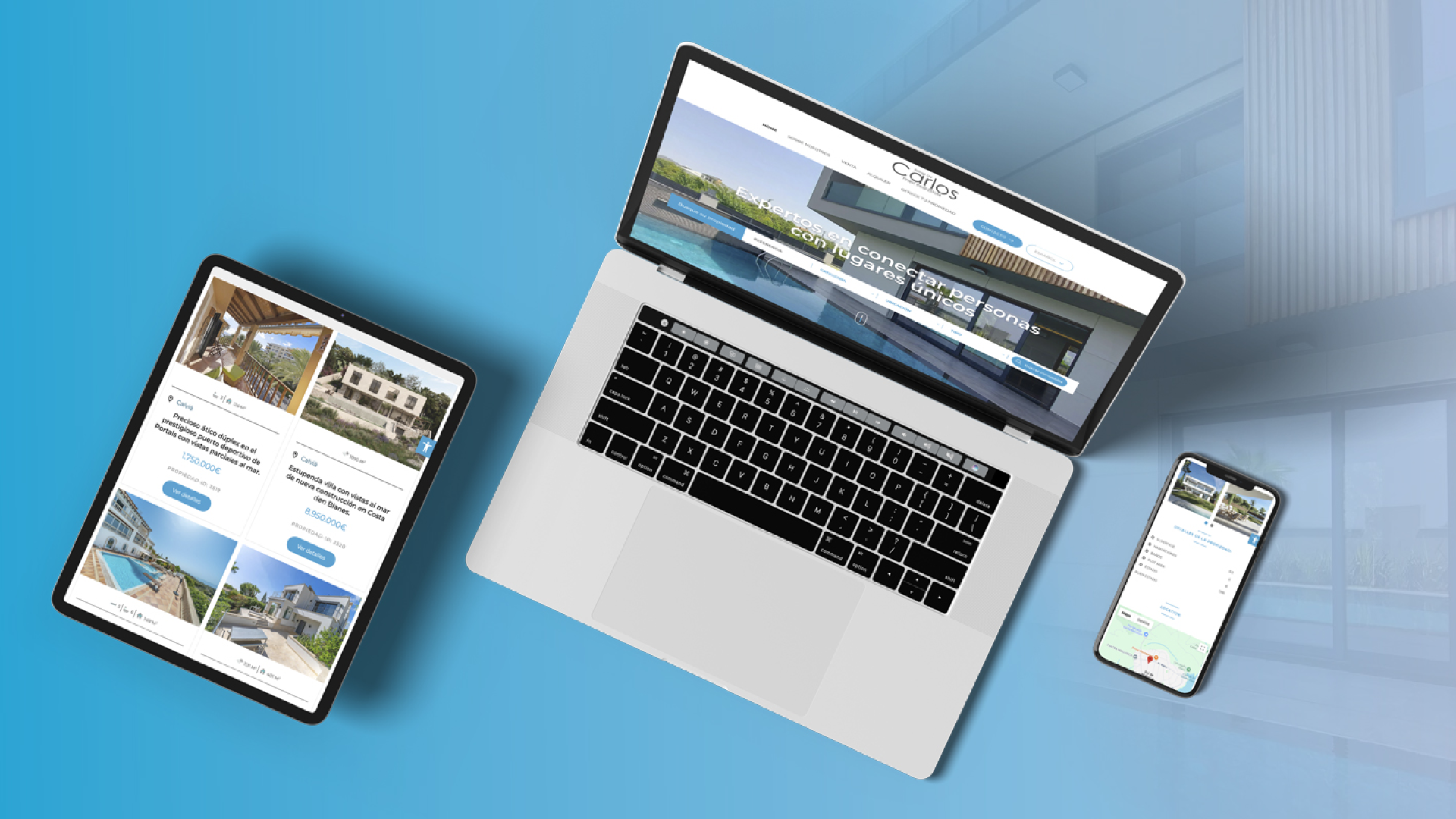Dispositivos mostrando la web inmobiliaria Carlos