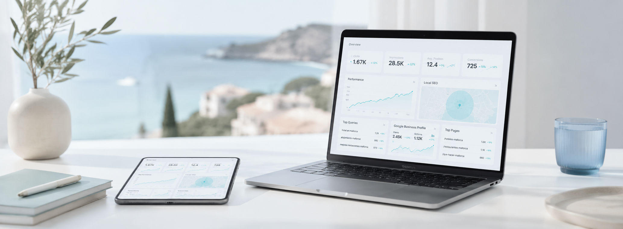 Portátil con dashboard SEO sobre una mesa de trabajo