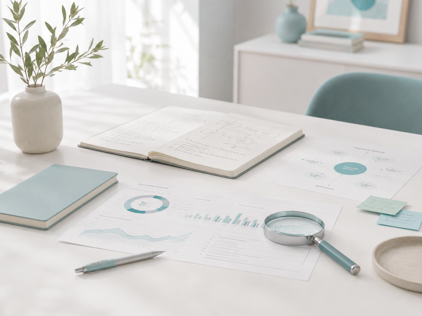 Mesa de trabajo con documentación para análisis SEO