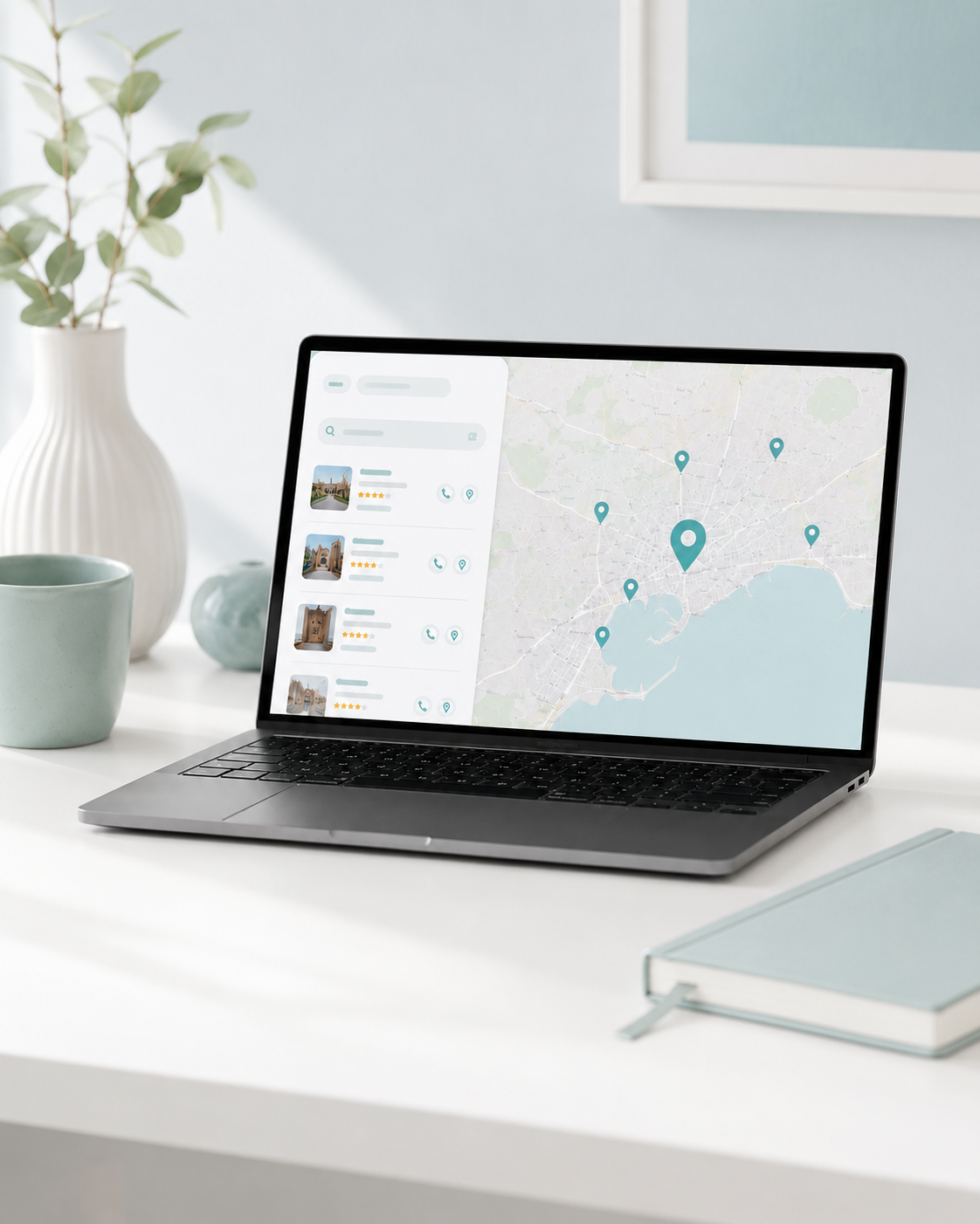 Portátil con mapa local y resultados de Google Business Profile