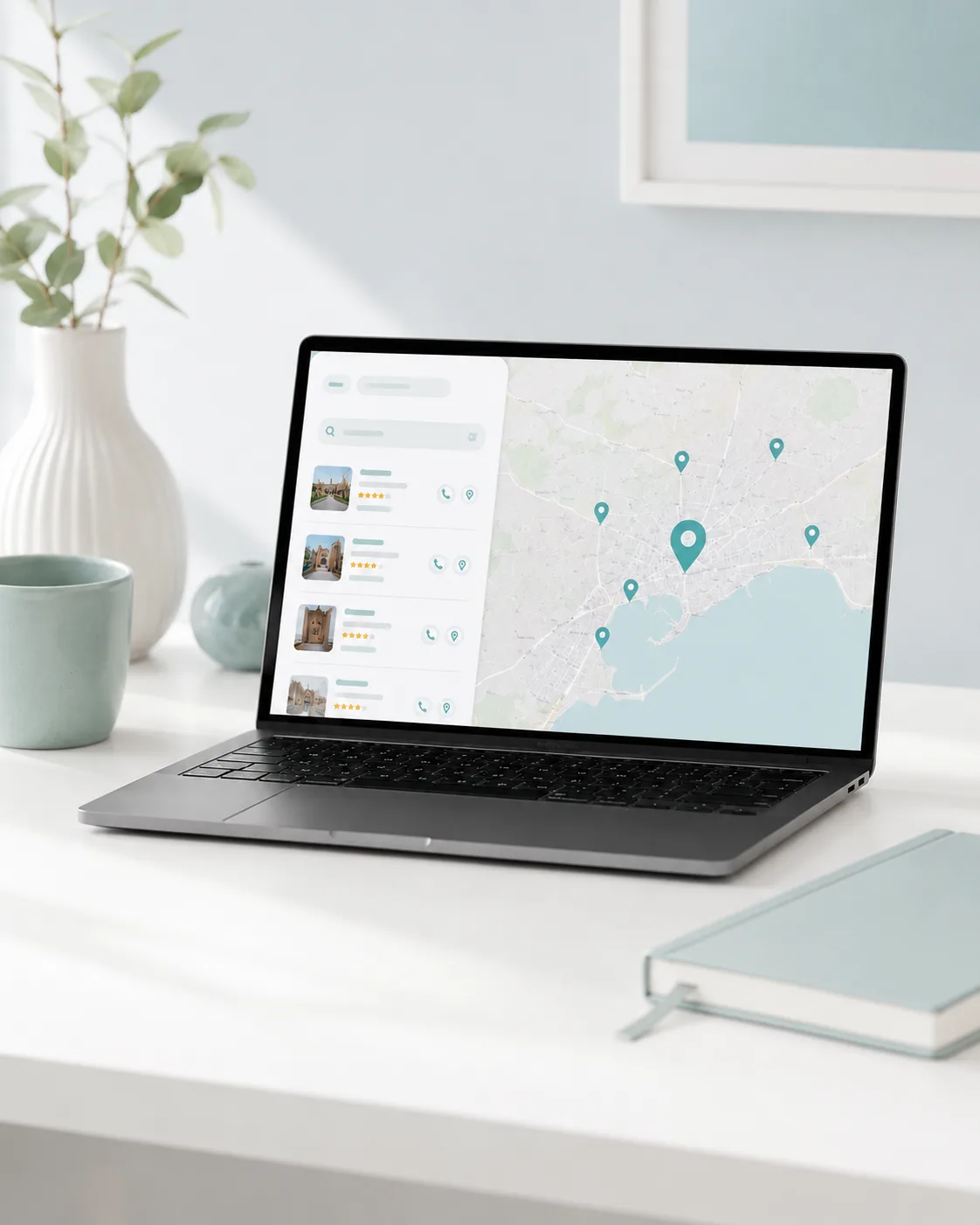 Portátil con mapa local y resultados de Google Business Profile